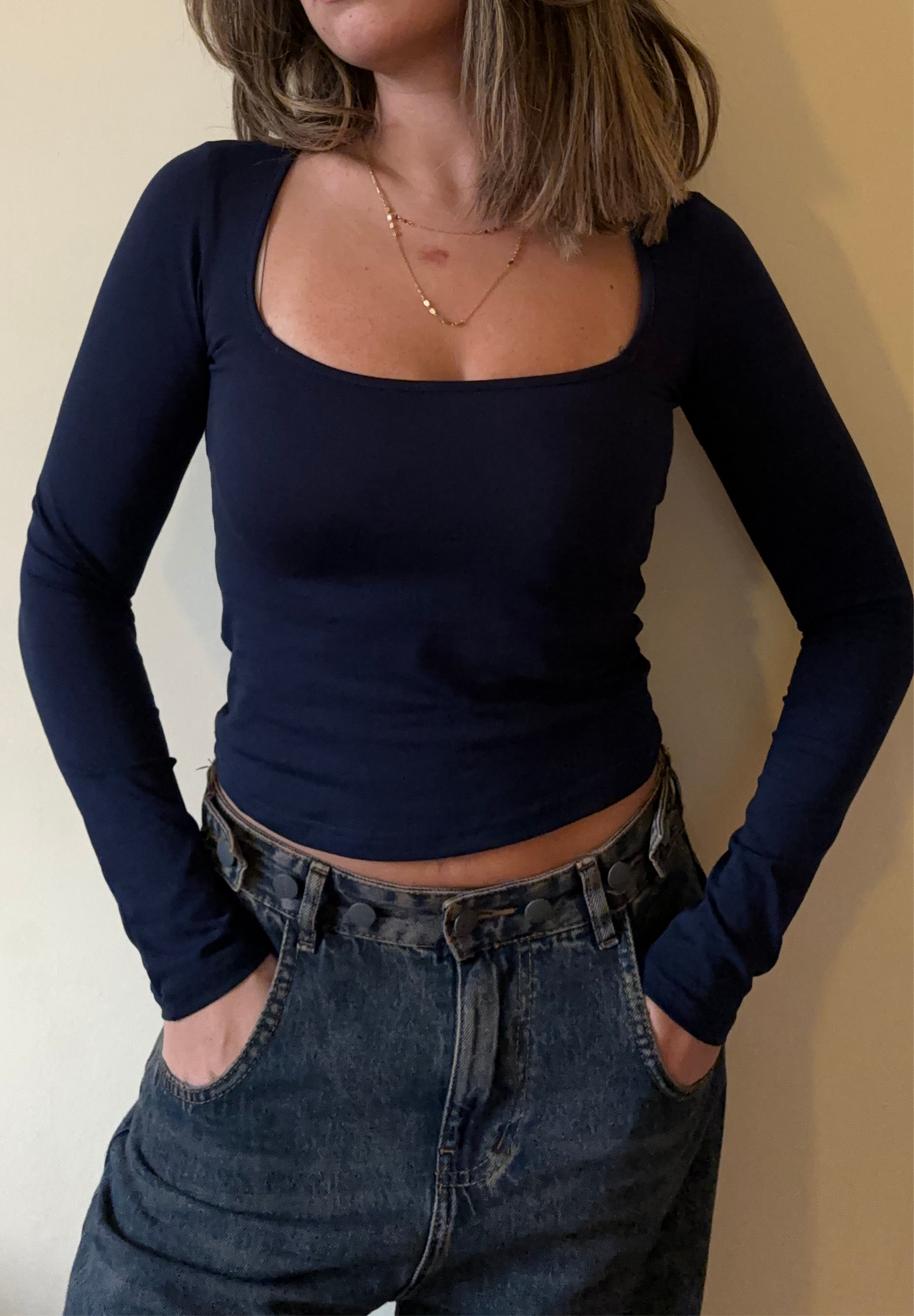 Full Sleeve Square Neckline Top In Navy