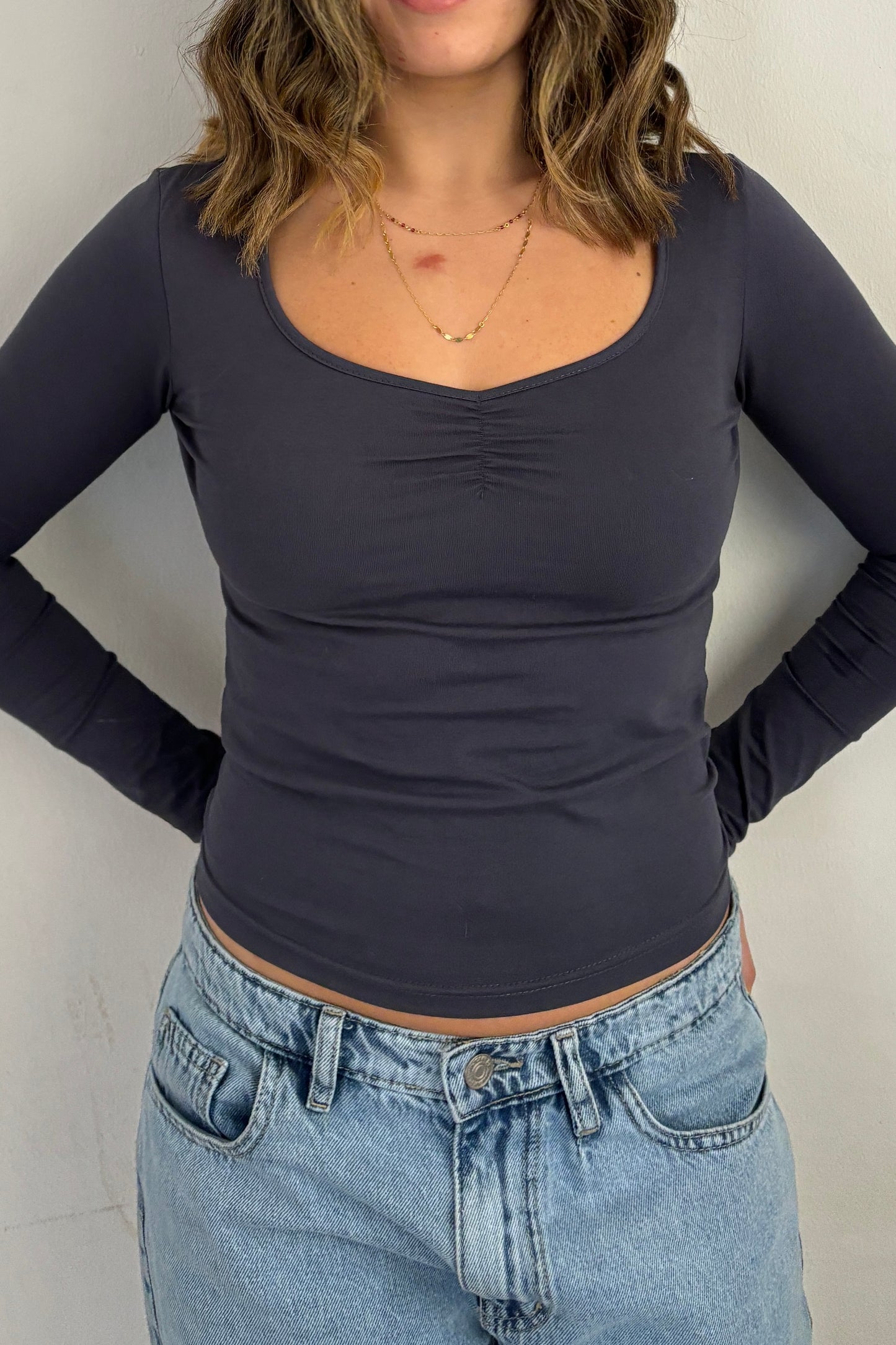 Fitted Ruched Scoop Neck Top in Charcoal