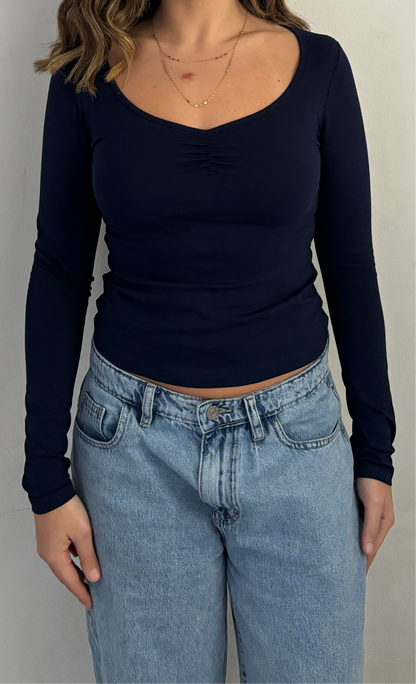 Fitted Ruched Scoop Neck Top in Navy