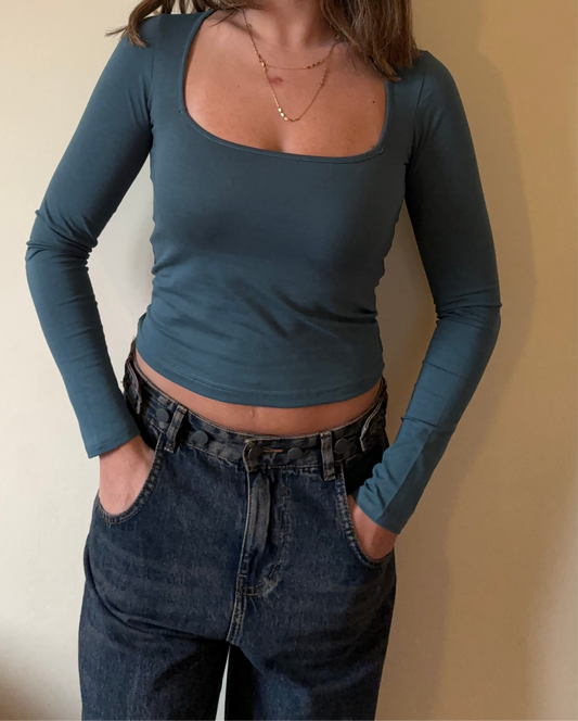 Full Sleeve Square Neckline Top In Teal