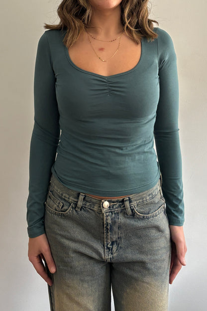 Fitted Ruched Scoop Neck Top in Teal