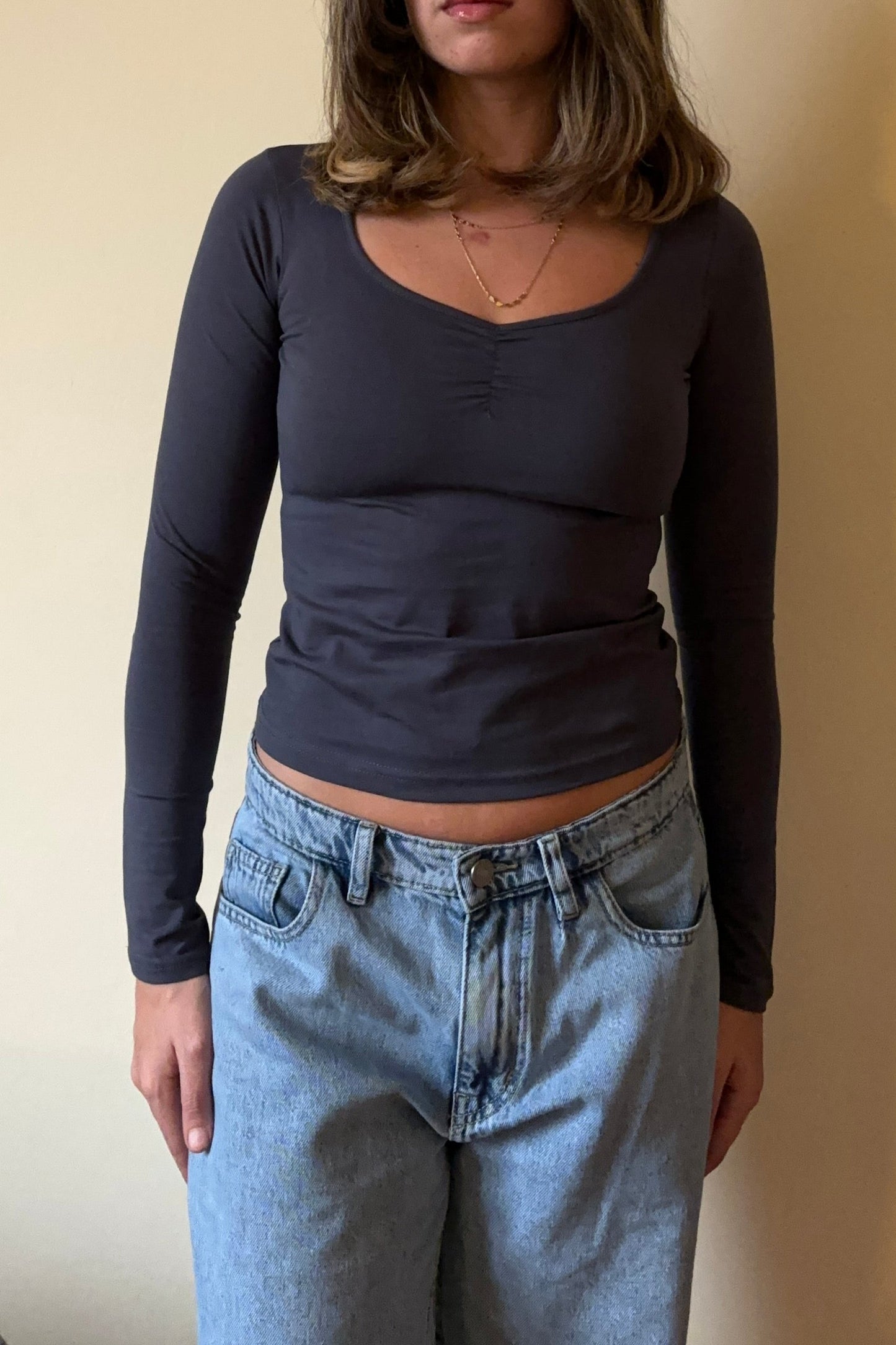 Fitted Ruched Scoop Neck Top in Charcoal