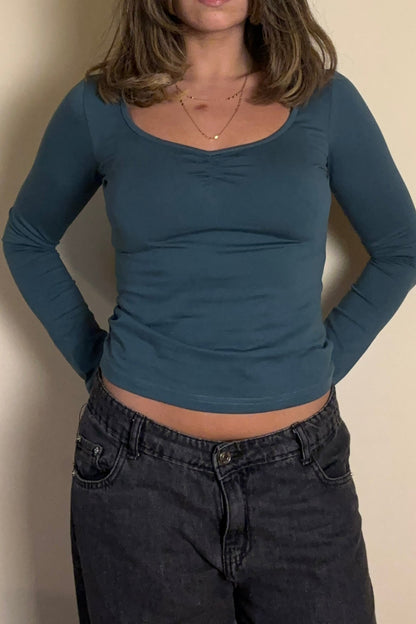 Fitted Ruched Scoop Neck Top in Teal