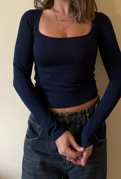 Full Sleeve Square Neckline Top In Navy