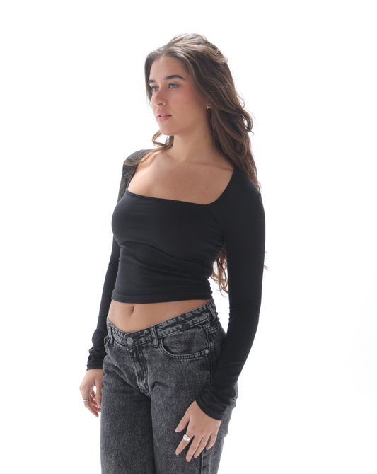 Fitted Long Sleeve Square Neckline Top In Black